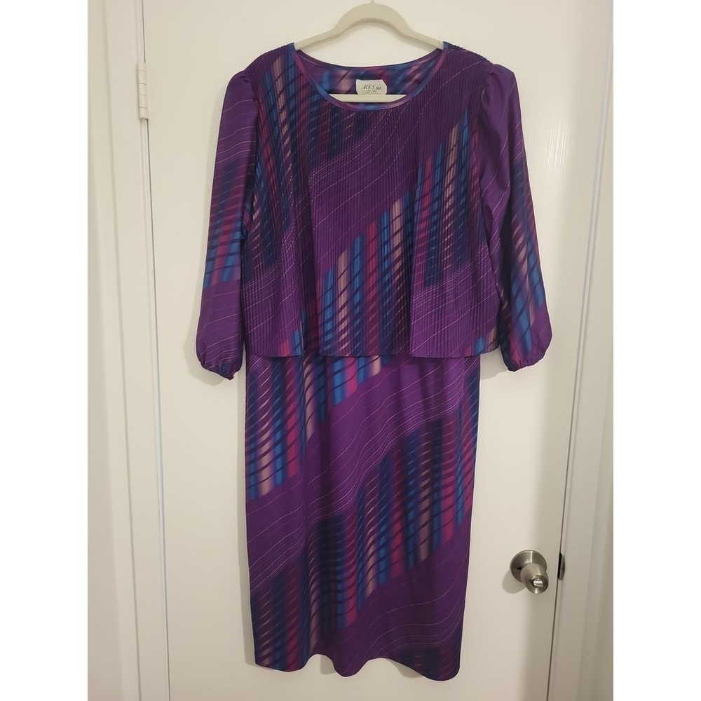 Vintage MCS Ltd New York Purple Geometric Pleated Popover Midi Dress Made in USA